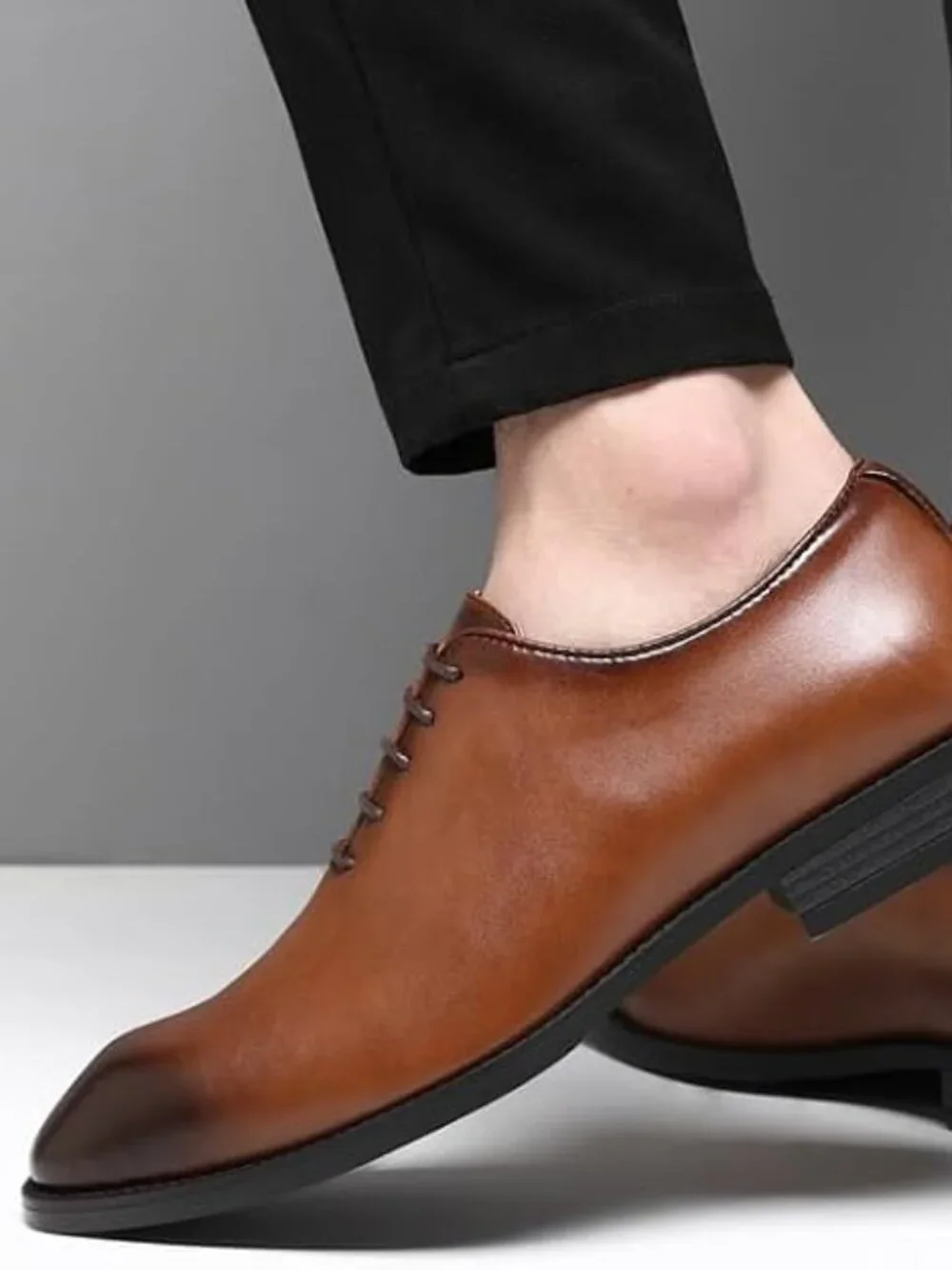 Mens Brown Leather Cap Toe Lace-up Whole-Cut Business Brogue Tuxedo Oxford Shoes